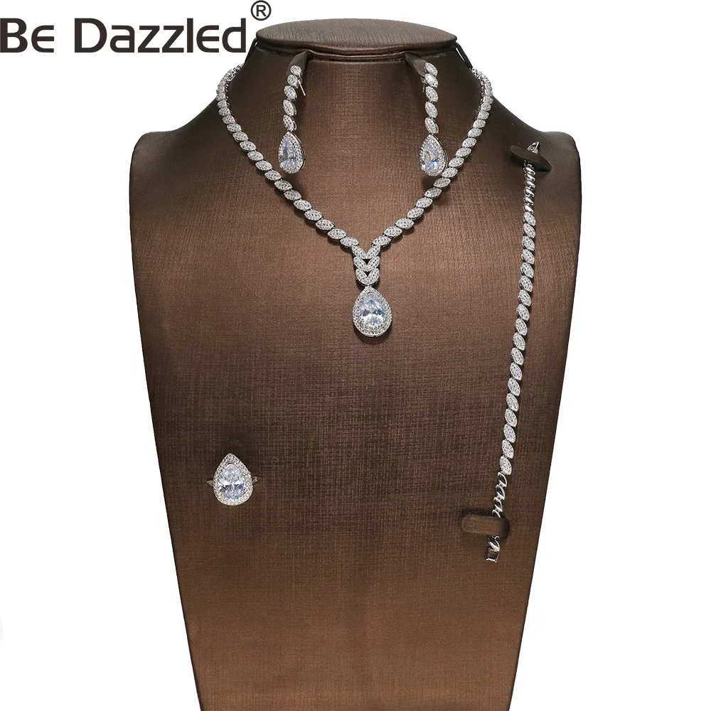 

Jewelry Sets Bridal 4pcs Ladies Wedding Party Accessories Copper Material Silver Color With 3A Zircon Vintage Dubai Jewelry