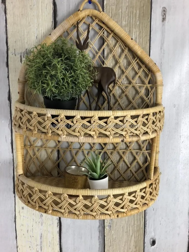 Vintage Wicker Rattan Wall Shelf,Woven Boho Plant Stand Display Buy