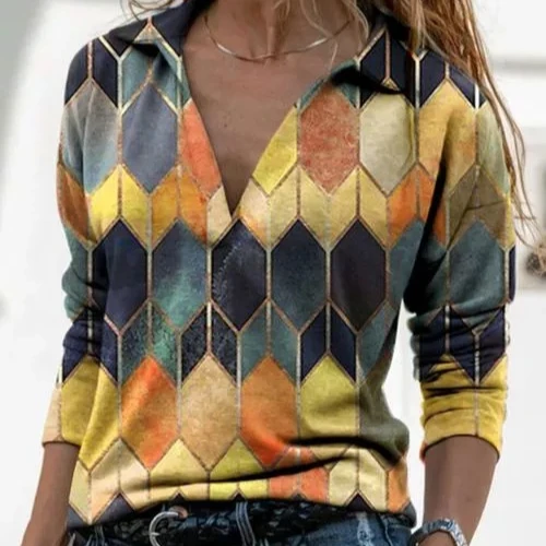 

European and American plus size women's clothing Slim-fit V-neck blouse geometric pattern T-shirt Lapel long-sleeved T-shirt