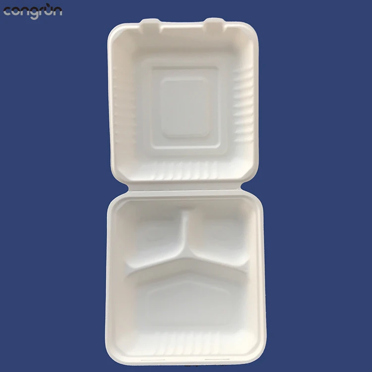 
Compostable Biodegradable sugarcane paper pulp 3 compartment food boxes with lid 
