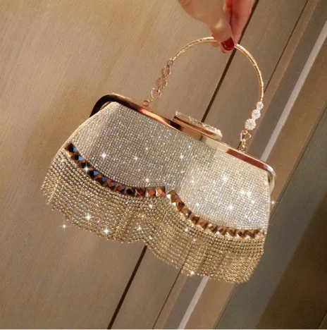 

Hot Sale Diamond Fashion Elegant Crystal Clutch Evening Bag with Tassels, Silver