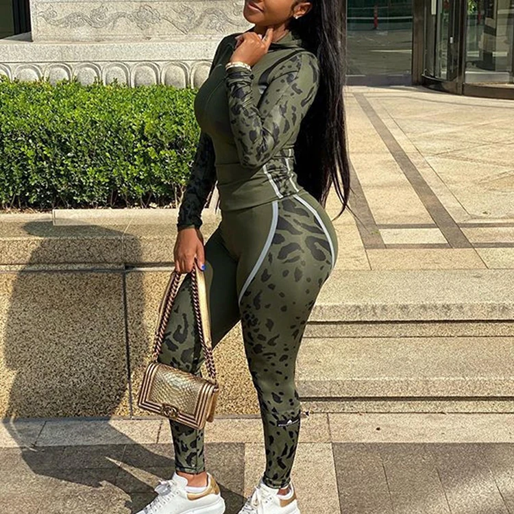 Skinny Long Sleeve Camouflage Workout Clothing Women Two Piece Set