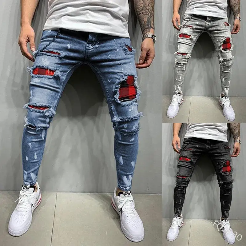 

New Men Ripped Patch Elastic Biker Skinny Jeans Streetwear Hip Hop Male Solid Cotton Jogger Denim Trousers