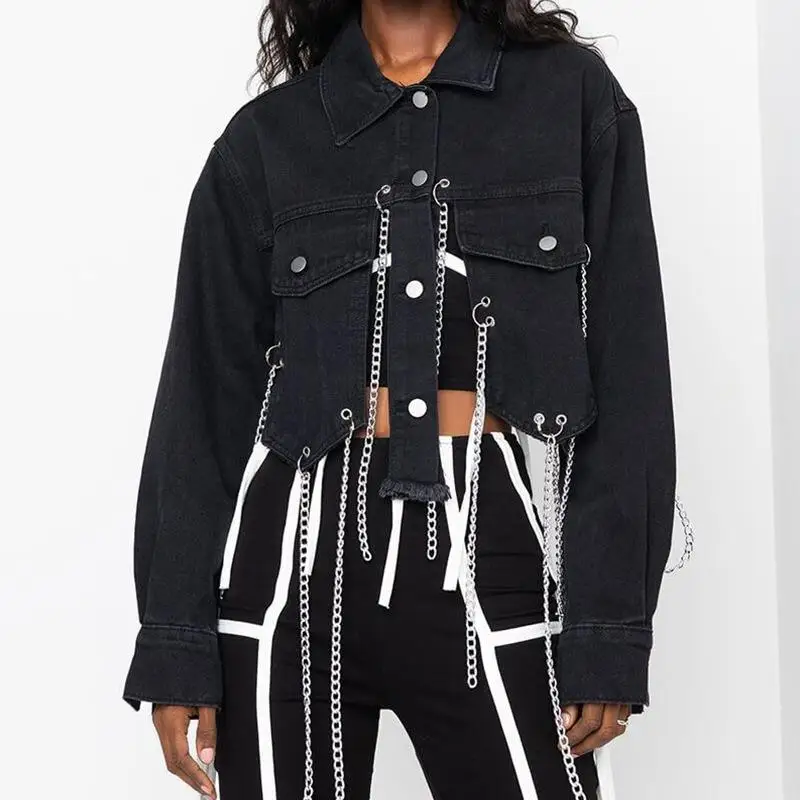 

Best Seller Long Sleeve Multi Button Chain Tassels Short Denim Coat Street Wear Fashionable Women Jackets And Coats 2021