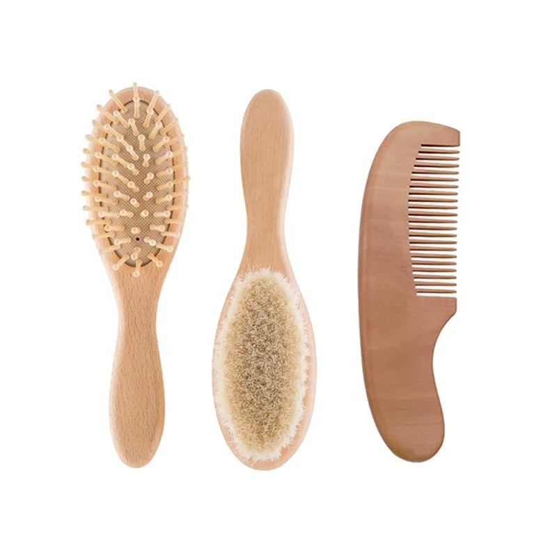 

Professional 100% natural beech wooden hair brush, 2020 new goat baby wood hair brush and comb set