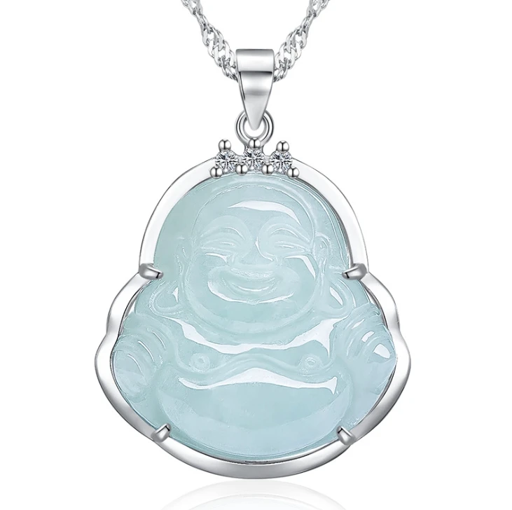 

Jialin jewelry ins S925 silver female Burmese natural green Emerald jade laughing Buddha pendant necklace