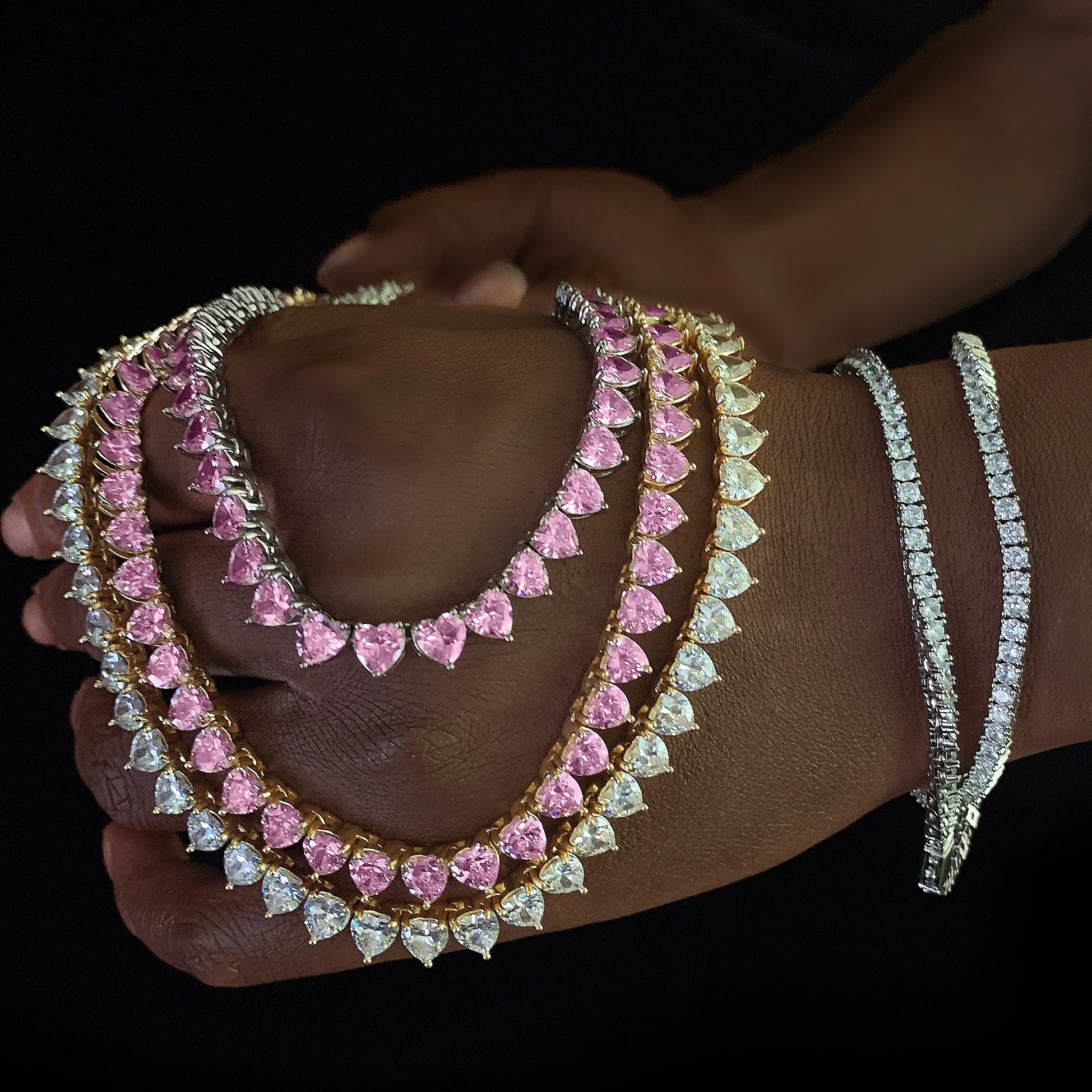 

Luxury Heart Pink Diamond Necklaces 18K Gold Plated Jewelry Tennis Chain Necklace