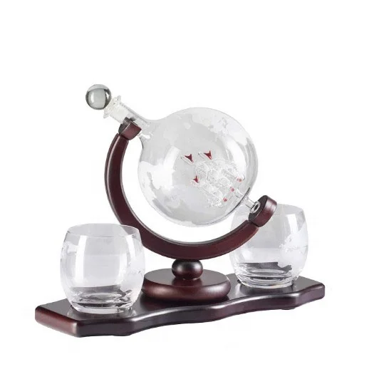 

Whiskey Decanter Set Globe with 2 Etched Globe Whisky Glasses - Comes With Whiskey Stones for Whiskey, Bourbon 850ml, Transparent