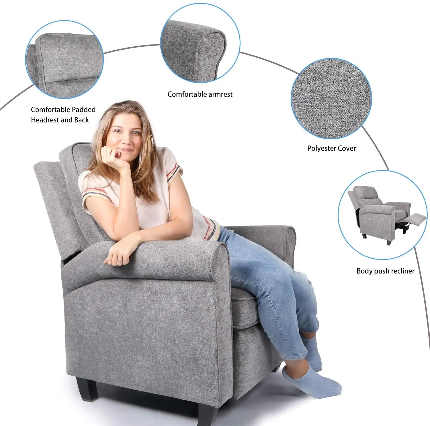 

Push Back Recliner Chair Single Reclining Sofa Fabric Sofa Chair with Thicker Seat Cushion Adjustable Home Theater Seating