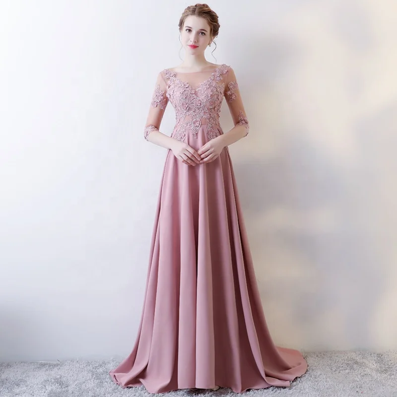 

Illusive Long Style Evening Dress With Sweep Train Exquisite Lace Evening Gown