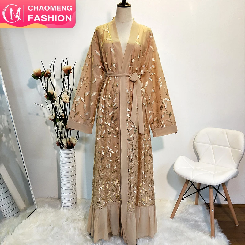 

1711# 2019 latest arrival luxury lace leaves abaya cardigan dubai with embroidery islamic long dress women open abaya, Black/sliver/gold/navy