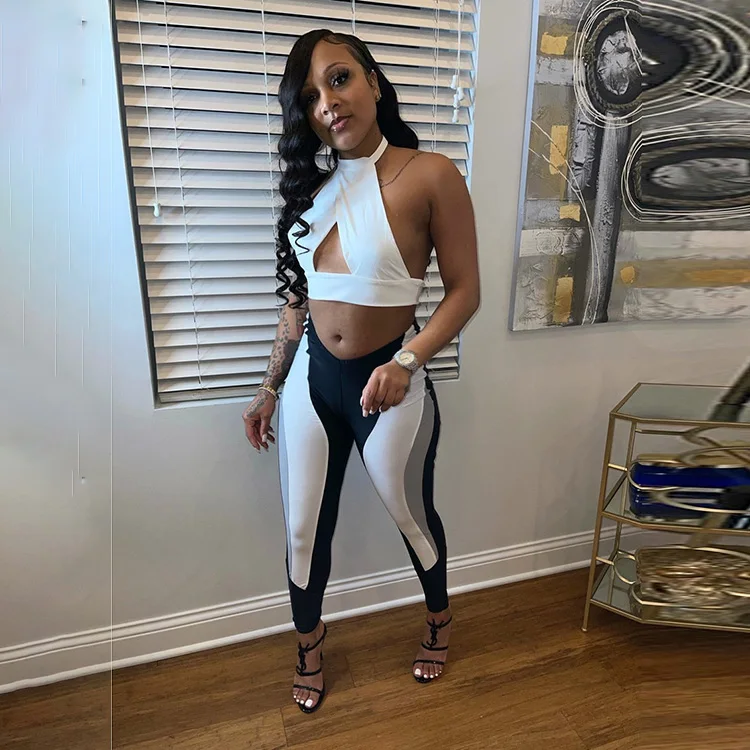 

European Style Sexy Hollow Out Contrast Color Pants Set 2021 Sleeveless Printed Two Piece Set Halter Cropped Top Set -SM