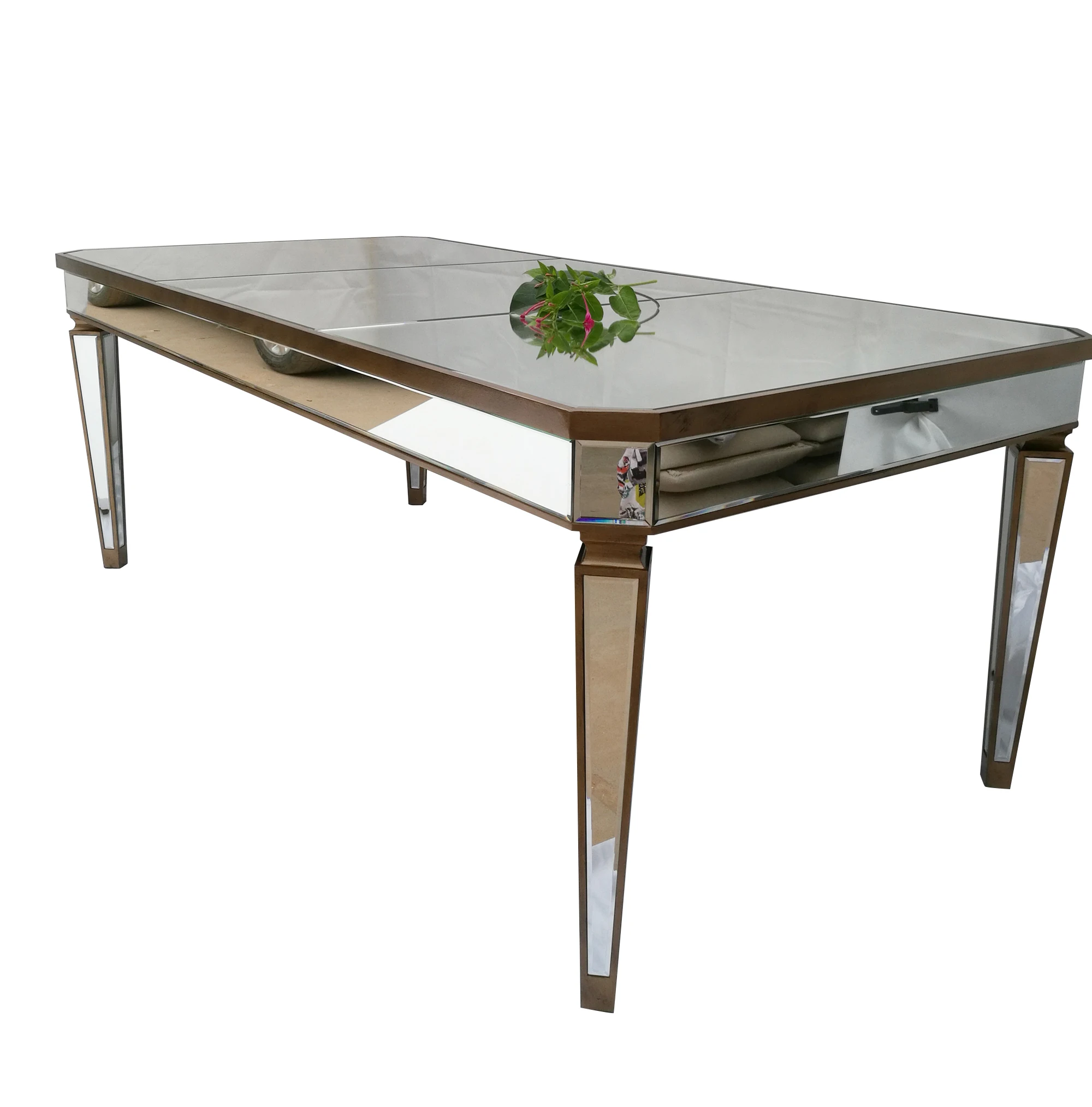 
New Arrival Factory Price 12 Person Antique Gold Wood Trimming Rectangle Mirrored Event Wedding Dining Table Furniture 
