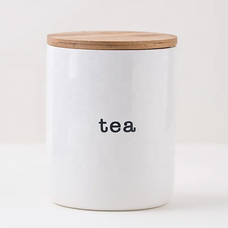 Kitchen Food Storage Condiments Ceramic Jars With Wooden Lid Container