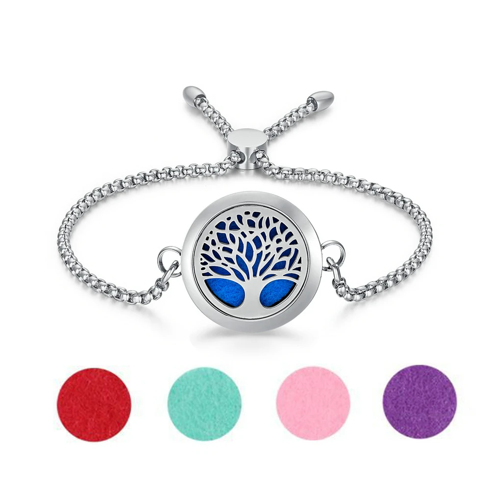 

Women Jewelry Stainless Steel Tree of Life Perfume Locket Essential Oil Diffuser Magnetic Anxiety Aromatehrapy Bracelet