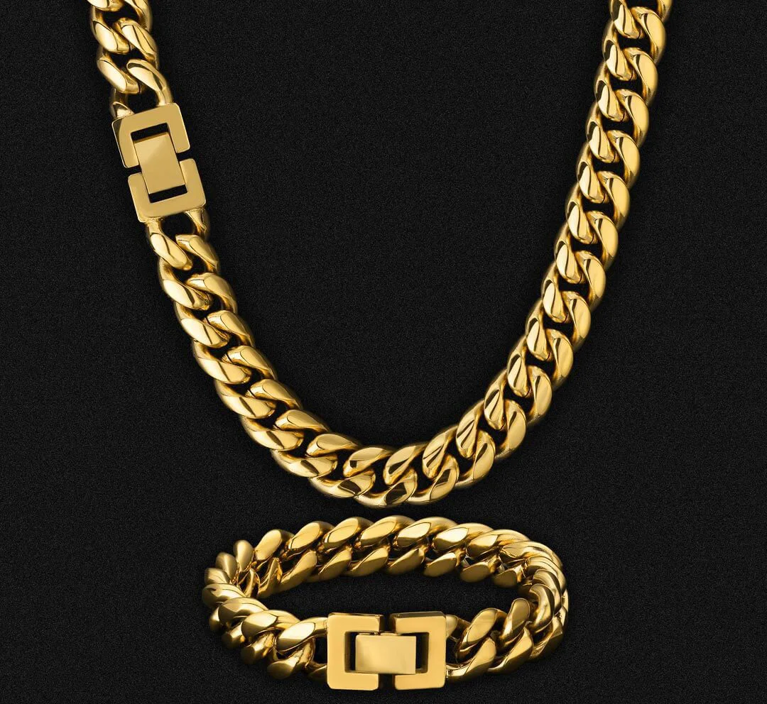 

Factory wholesale men Necklaces Chains Jewelry Real 18K Gold Plated stainless steel cuban chain for men