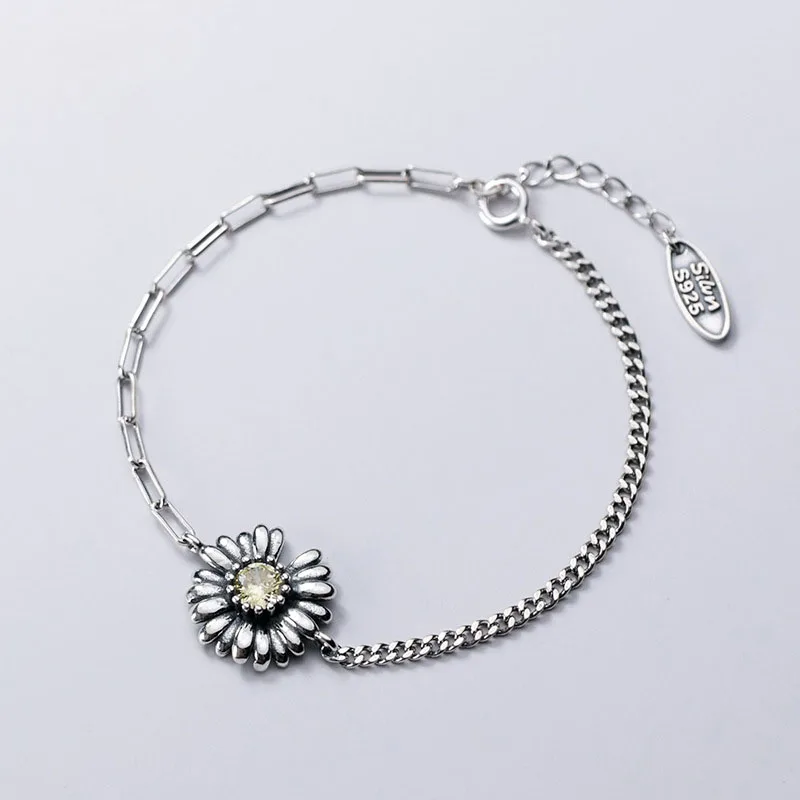 

B1570 Romantic Artificial Jewellery 925 Sterling Silver Yellow Diamond Daisy Asymmetric Thai Antique Hand Ornament Female Japa