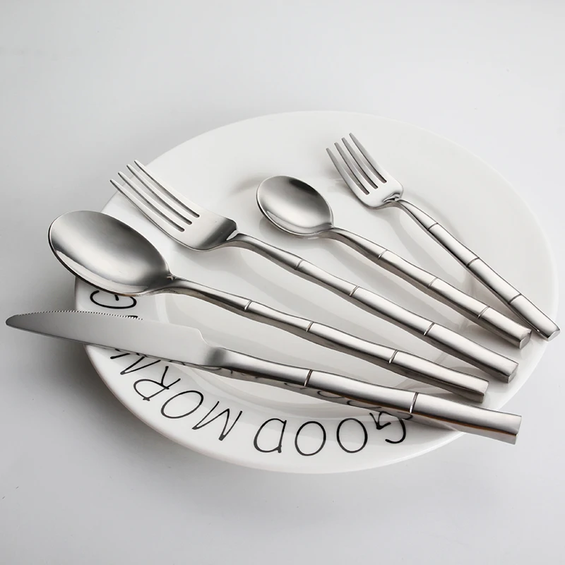 
Eco-Friendly 5 Pcs Gold Silver Flatware Set Bamboo Shape Handle Stainless Steel Luxury Cutlery Set 