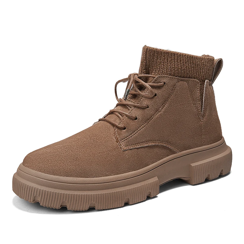 

Good Quality Fashion Casual Warm Line Elastic Knit Ankle Design Thick-Soled Non-Slip Durable Men's Boots Genuine Leather
