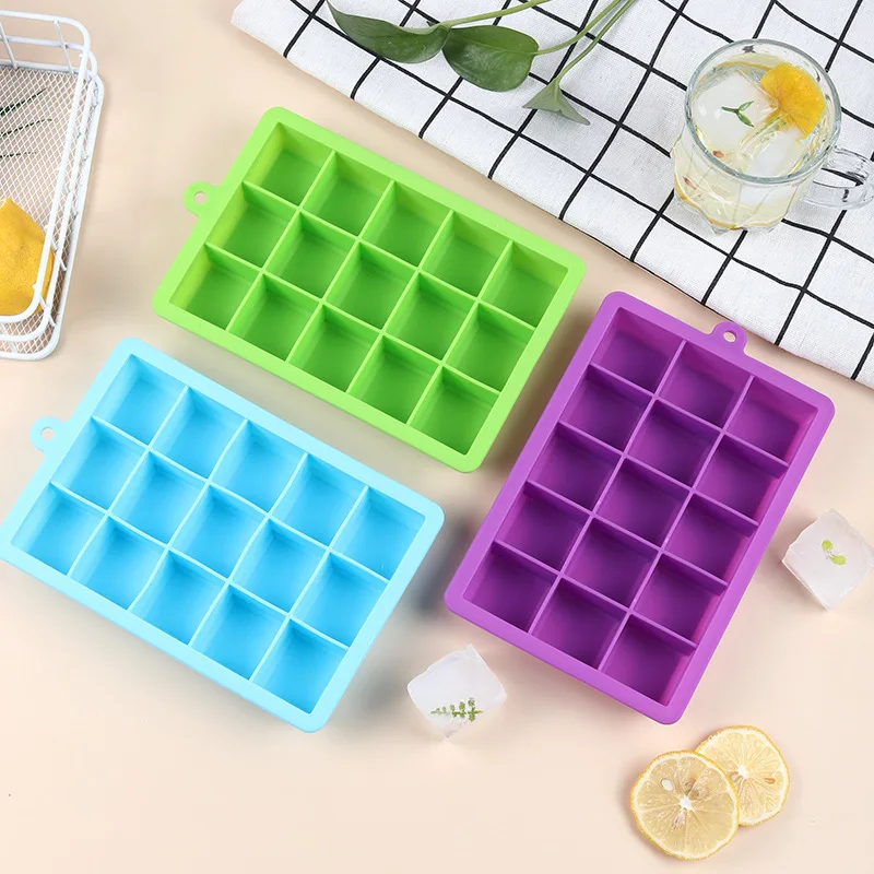 

Free Sample 100% Food Grade 15 Grids Silicone Ice Cube Tray Molds Square Shape Ice Cube Maker, Customized color