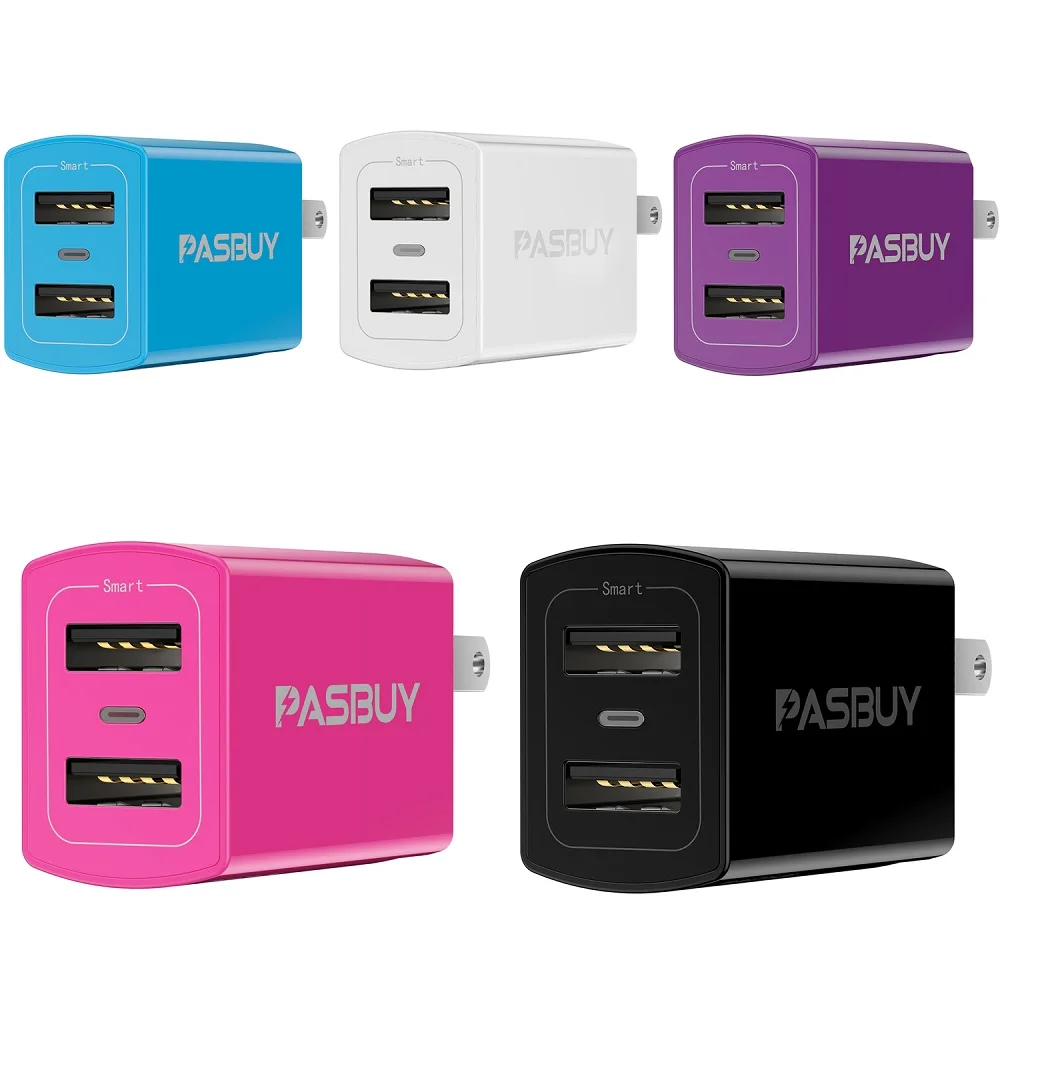 

New Arrival PASBUY 2.4A Dual USB IQ Fordable Wall Charger For Phone Charging, Black blue pink white purple