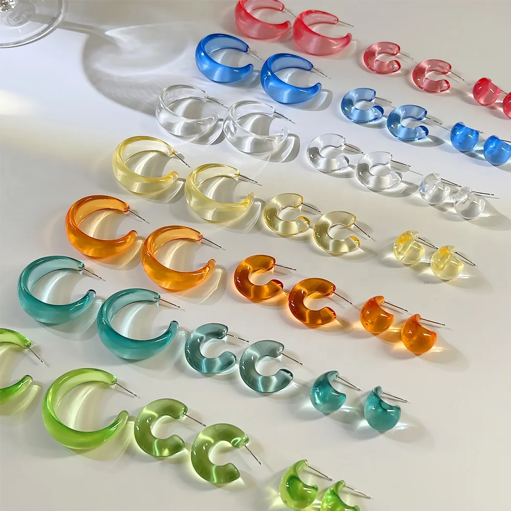 

E0062 3 sizes Boho chunky acrylic stud earrings rainbow C shape transparent earrings women daily lightweight jewelry