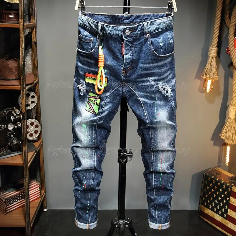 

European American Style New Mens Slim Patch Jeans Stretch Printed Pipped Blue Jeans For Men Paint Trousers Streetwear Hip Hop