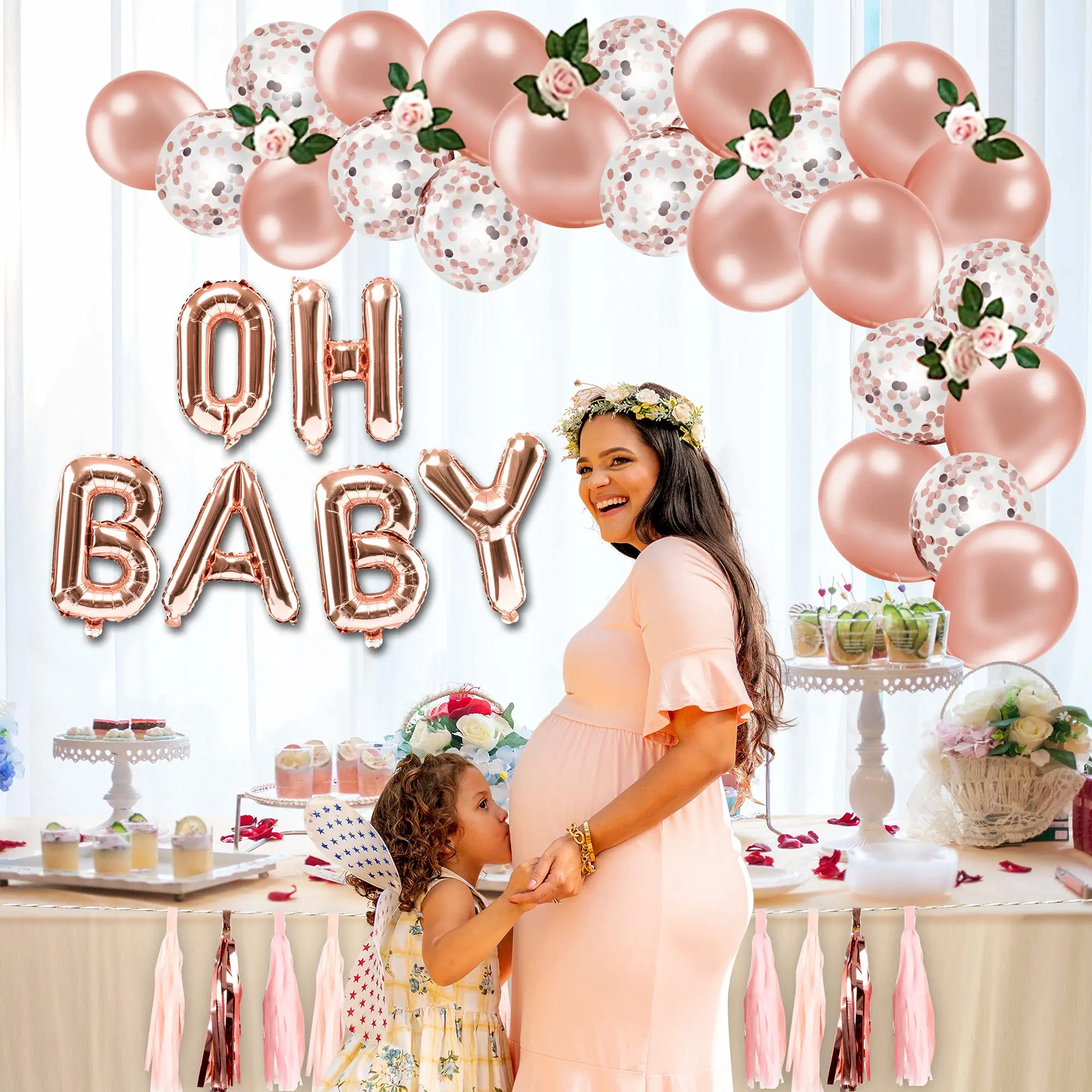 

wholesale Tassels Triangle Flags 64 Pcs Rose Gold Baby Shower Decorations for Girl