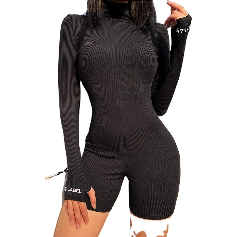 

Streetwear Knitted Sexy Summer Romper Bodycon Black White Jumpsuit Women Playsuit Long Sleeve Ladies Short Jumpsuit