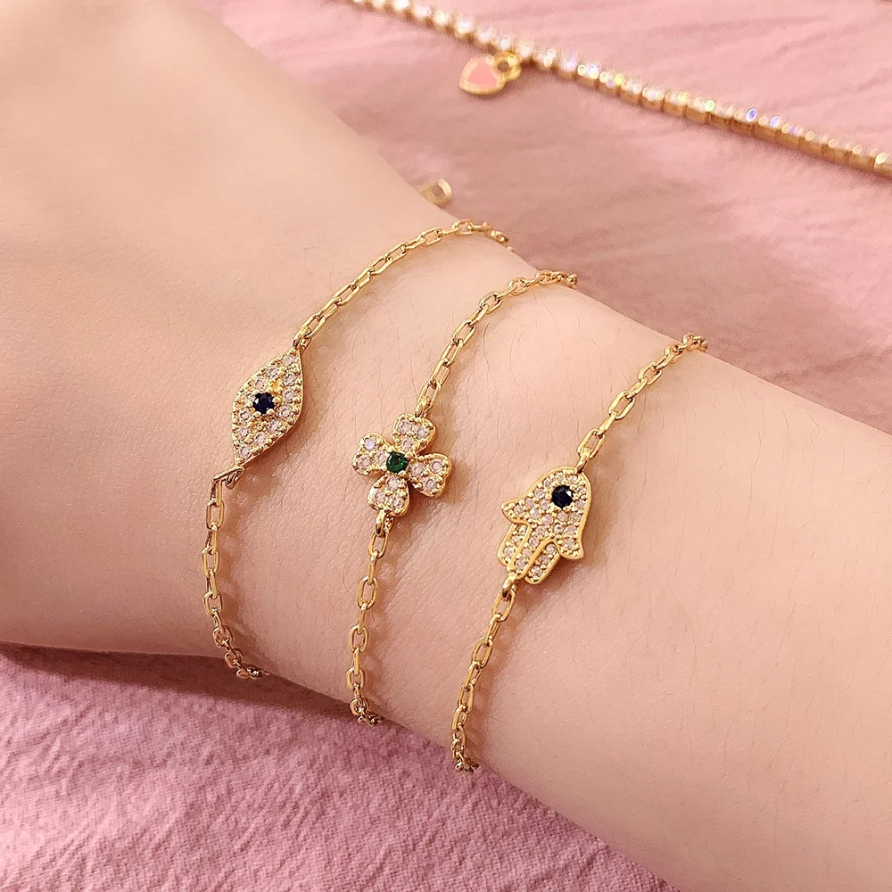 

Thin Chain 18K Gold Plated Jewelry Four Leaf Clover Turkish Evil Eye Hamsa Hand Charm Bracelets