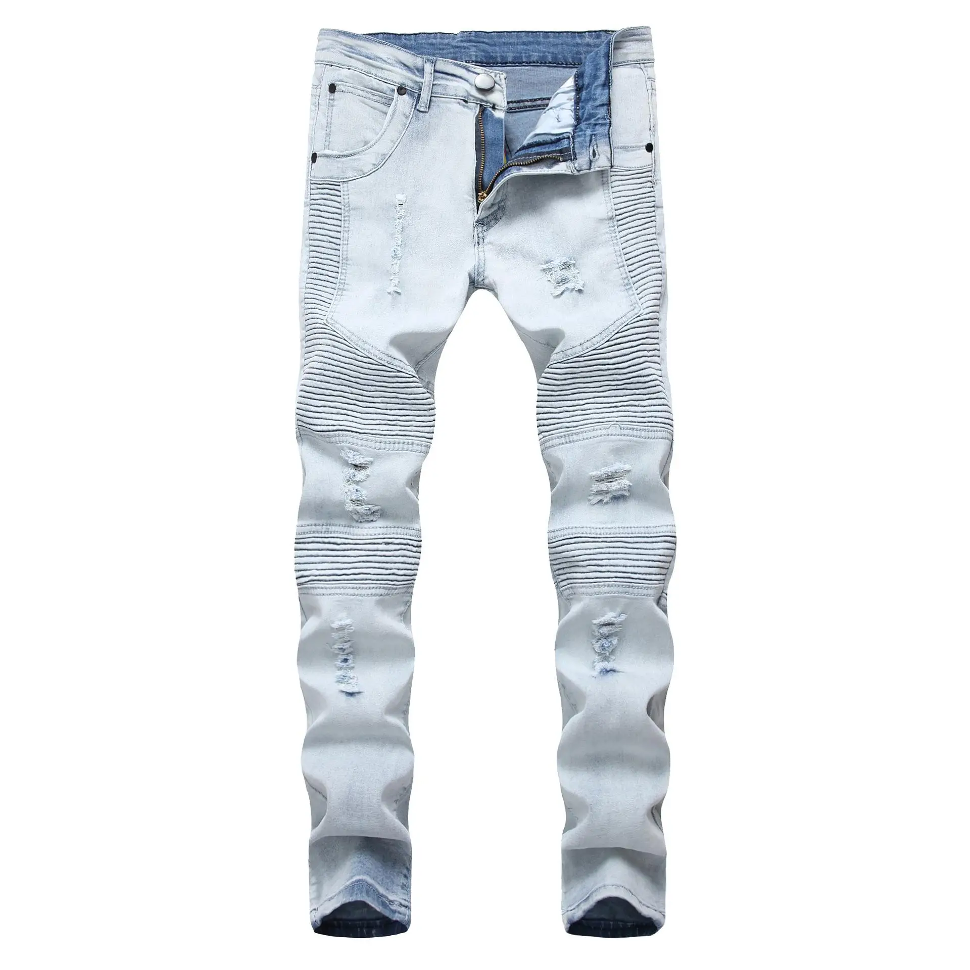 

Europe And The United States Jeans Men Trend Knee Hole Zipper Small Feet Beggar Pants Men Jeans Trousers