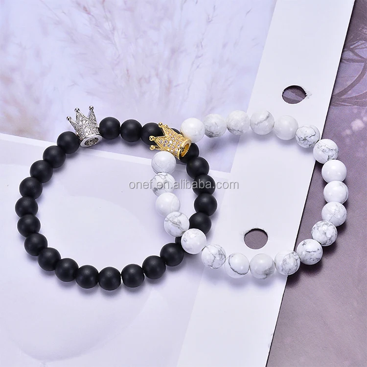 Custom Personalized Matt Black White Turquoise Silver Crown Her King His Queen 8mm Beads Couple Bracelet.jpg