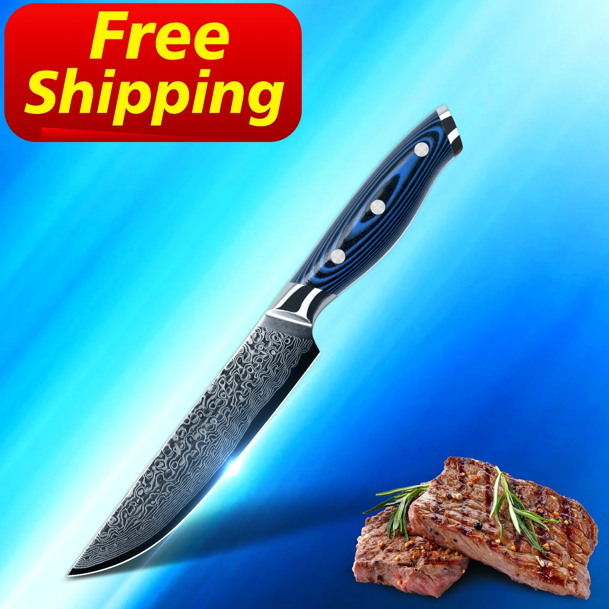 

Free Shipping orders over 100 pcs Amazon top seller Blue G10 handle 5'' damascus steak knife utility knives in USA, Customized color