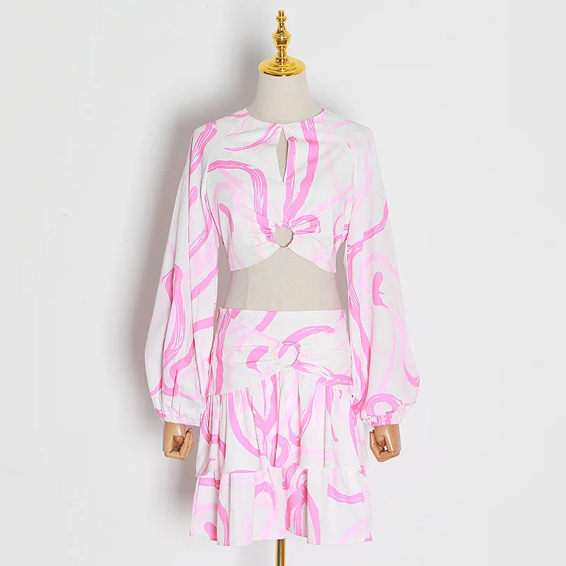 

Wholesale elegant ladies high quality long sleeve crop top fancy prints woman's tops and mini skirt ladies blouse