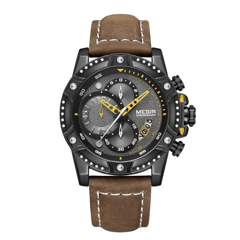 

Relogio Masculino MEGIR 2130 Top Brand Luxury Men Quartz Wrist Watches Casual Military Leather Chronograph Watch, Black, brown, yellow, silver, red