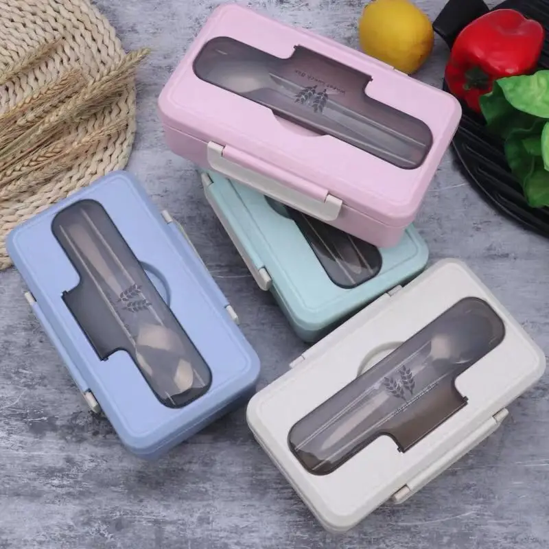 

Biodegradable Compartment Leak Proof portable wheat straw bento lunch box with stainless steel cutlery set food storage for kids, Customized