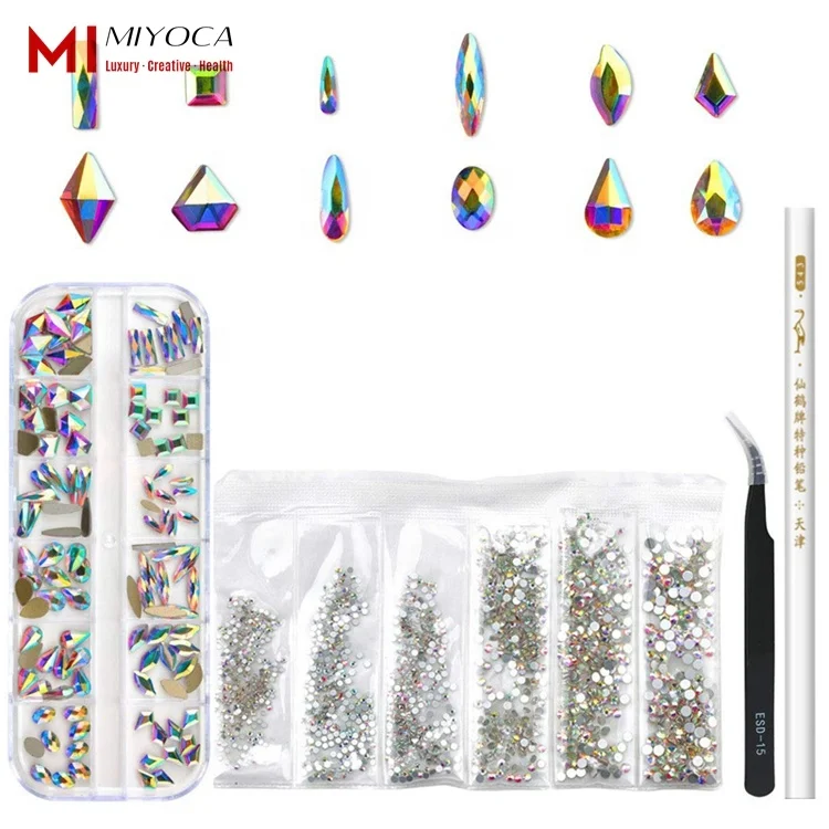 

MIYOCA 120 Pcs Multi Shapes Glass Crystal AB Rhinestones For Nail Art Craft Mix 12 Style FlatBack Crystals 3D Decorations