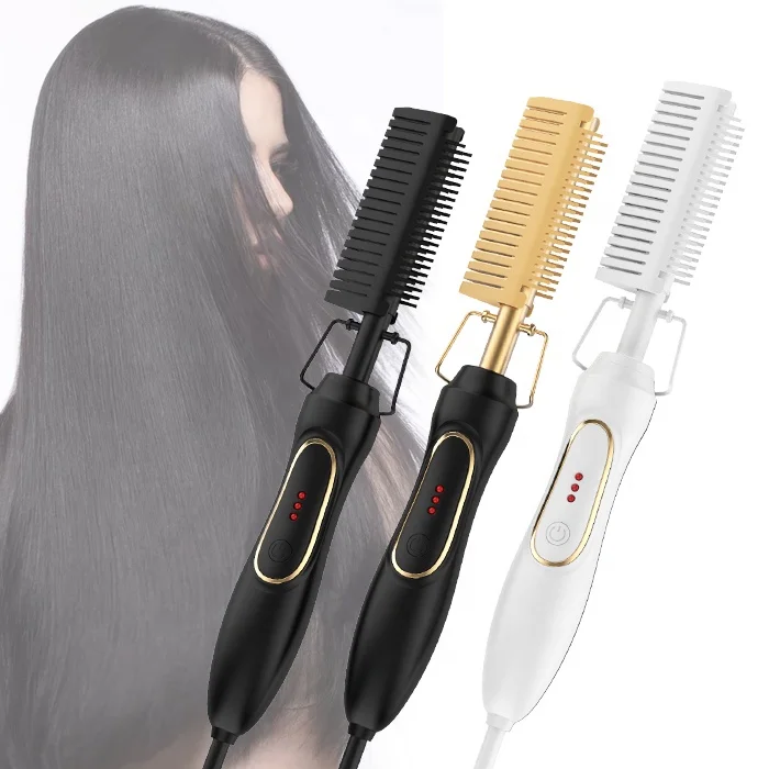 

Professional Electric Hot Straightening hot comb Ceramic Curling Flat Iron Curler Designed Hair Straightener Comb, Black, white, golden