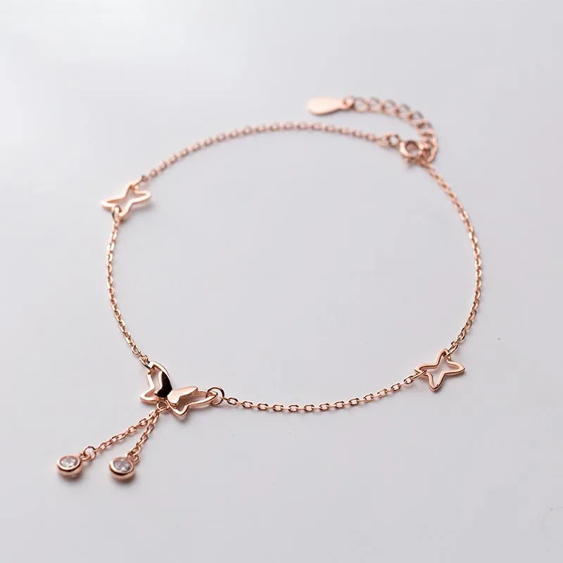 

A1097 Romantic Luxury Jewelry Sterling Silver 925 Girl Butterfly With Fringed Insect Anklet