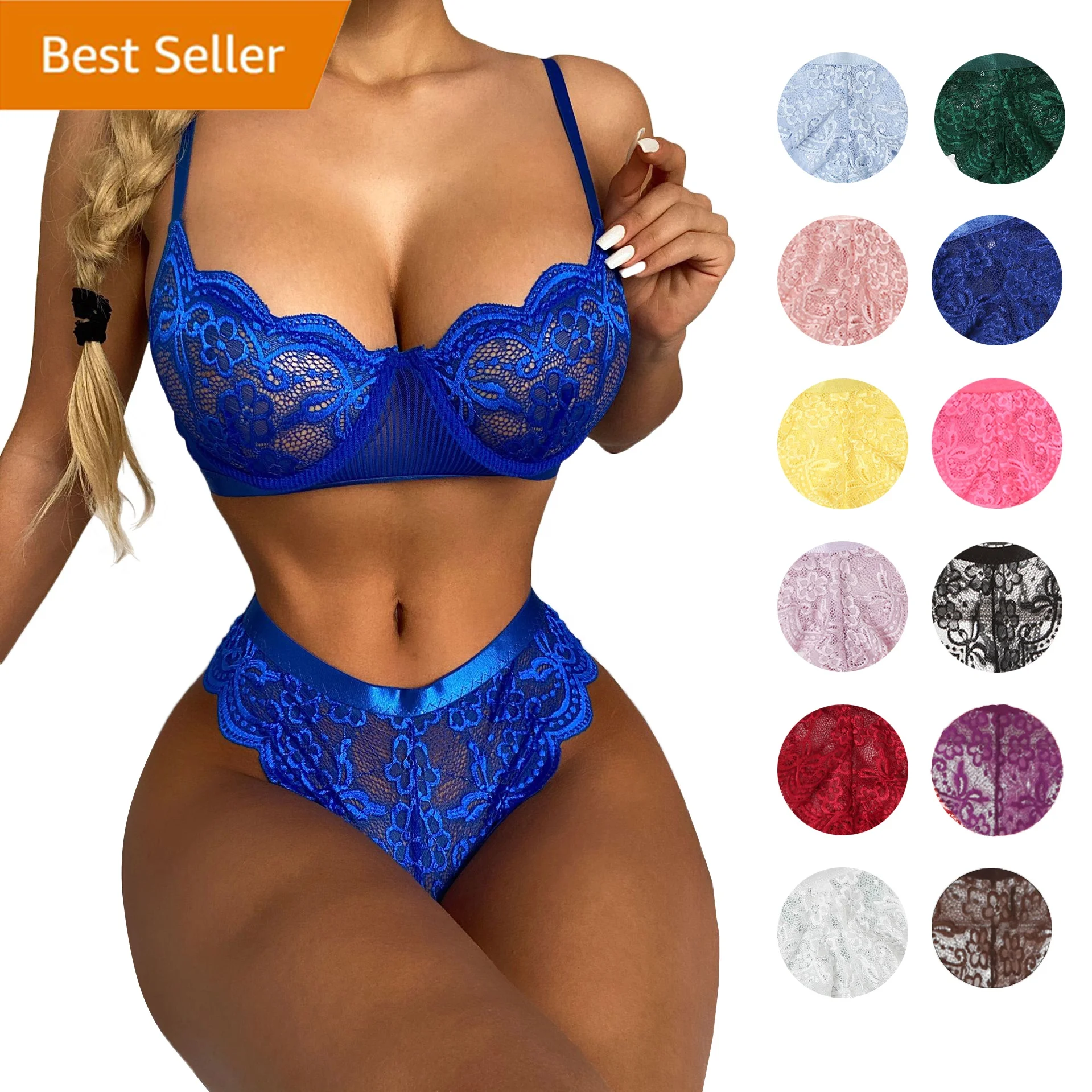 

16 Color Hot Transparent Women Underwire Push Up Bra Thong Blue 2 Piece Lace Lingerie Set