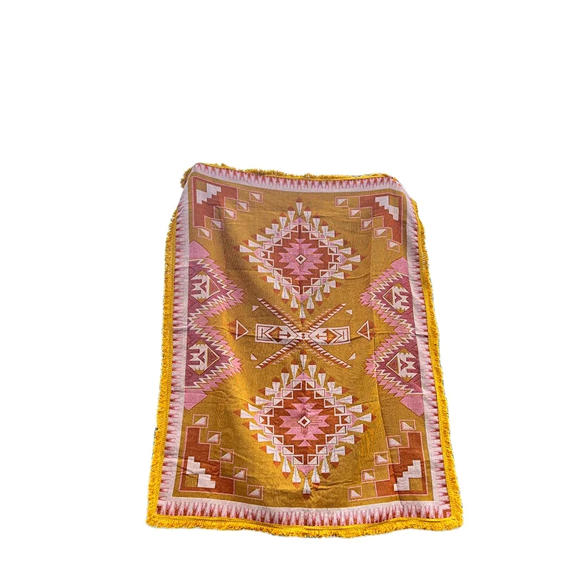 

Recycled Cotton Boho Rug Jacquard Custom Woven blanket Tapestry Picnic blanket With Leather Strap