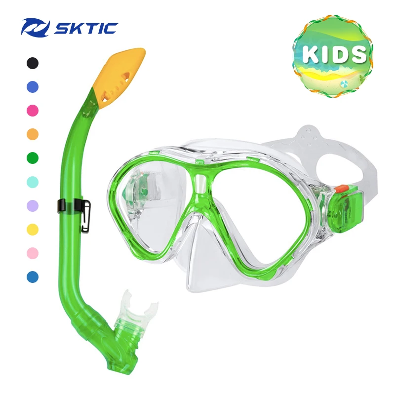 

SKTIC 2022 China Factory Newest Anti-Leak Dry Snorkel Scuba Diving Mask Set 180 Wide View Diving Goggles Breathe Tube for Kids, Transparent green
