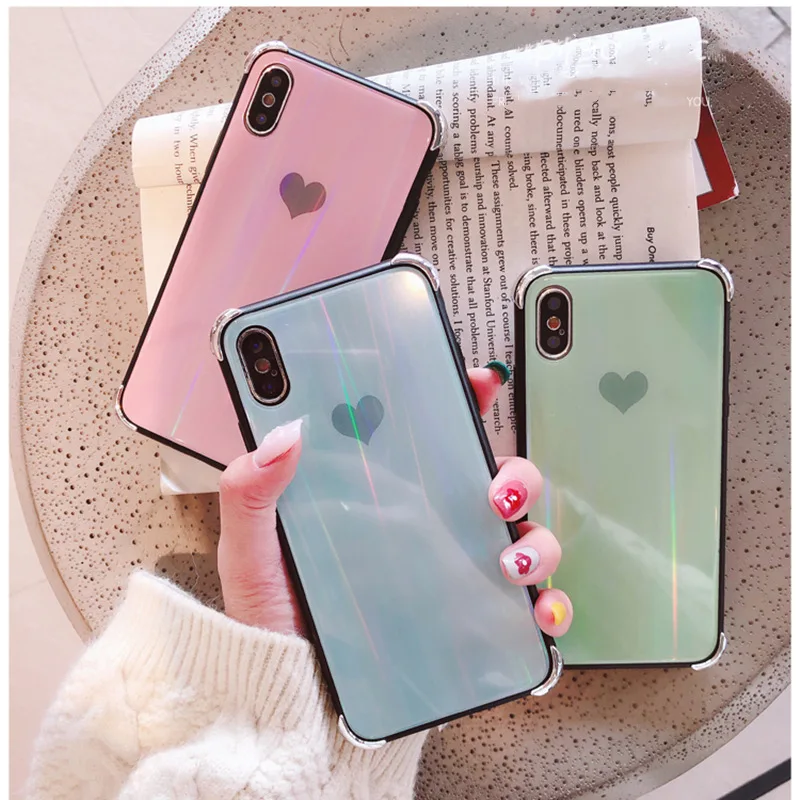 

Loving Laser Phone Case for iPhone 11 Pro Max/XS Max/XR/8 Plus Aurora Polar Light Love Heart Air Bag Phone Cover for iPhone 7/6S