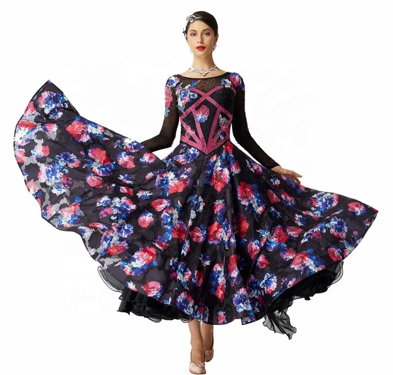 

B-2034 Custom New National Standard Printing Modern Dance Costume Competition Ballroom Dance Smooth Dress For Competition, Customized