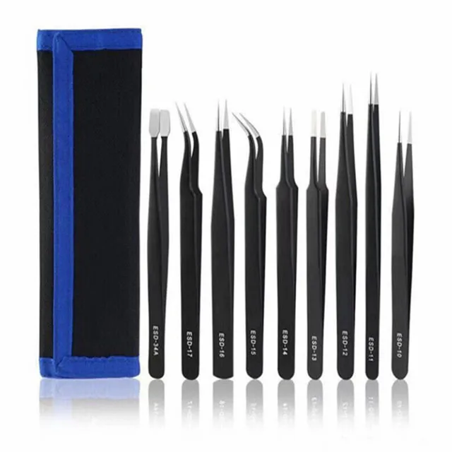 

9PCS Stainless Steel Tweezers Kit Set Oxford Bag