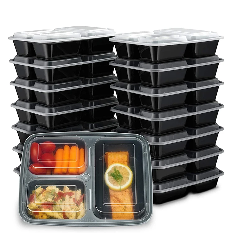 

eco friendly restaurant black 3 compartment meal prep containers pp microwave disposal food takeawway container, Black/white