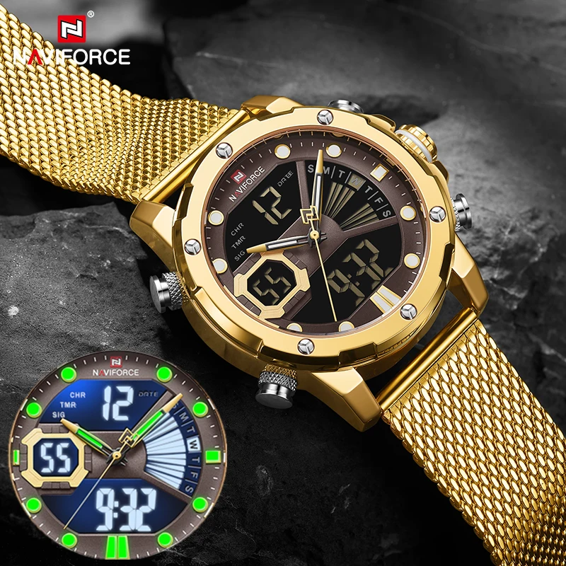 

NAVIFORCE 9172 Mens Sport Watches Luxury Gold Quartz Steel Strap Waterproof Military Digital Wrist Watch Clock Relogio Masculino