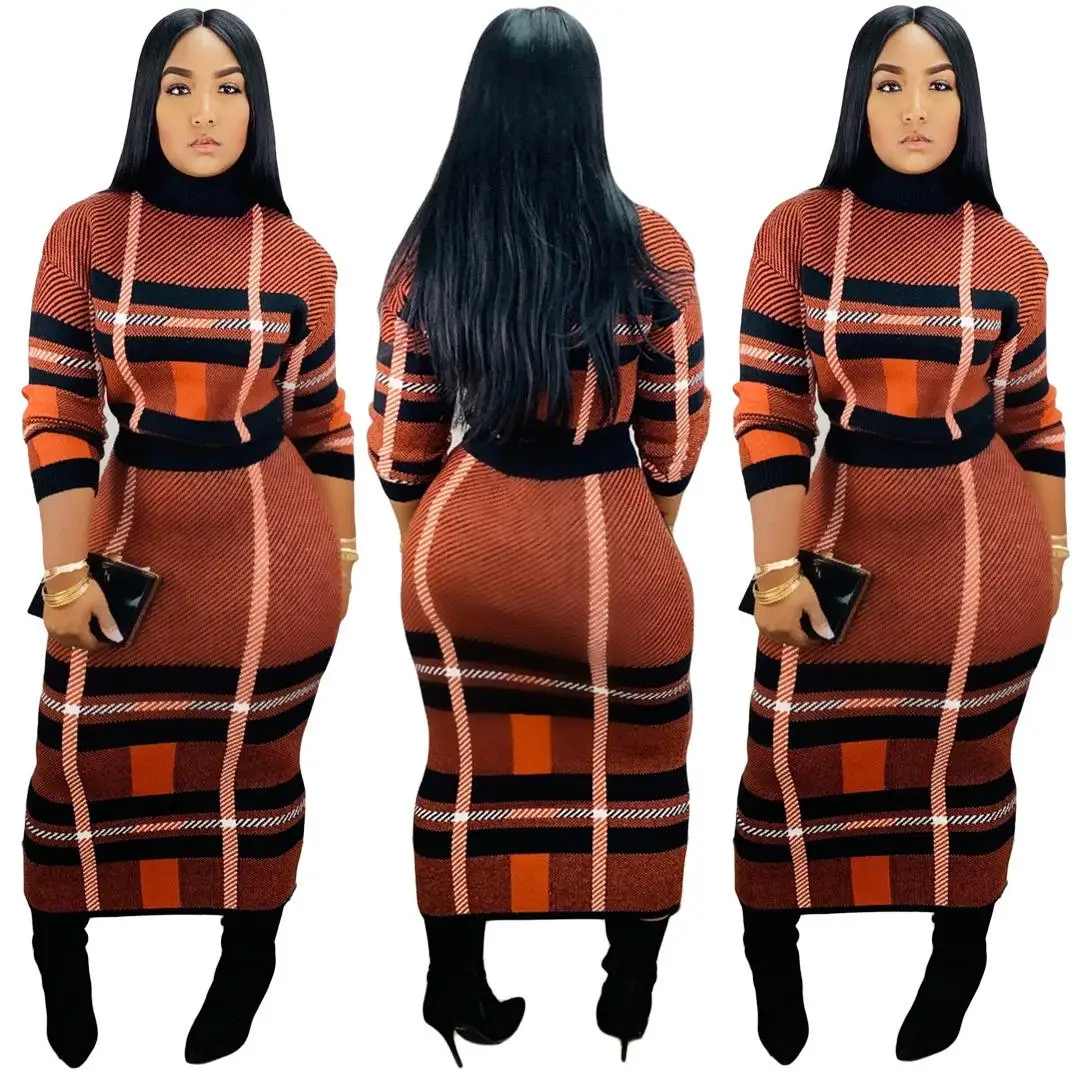 

Latest Design High Collar Plaid Printed Long Skirt Women Fall Two Piece Outfits Sets For Women