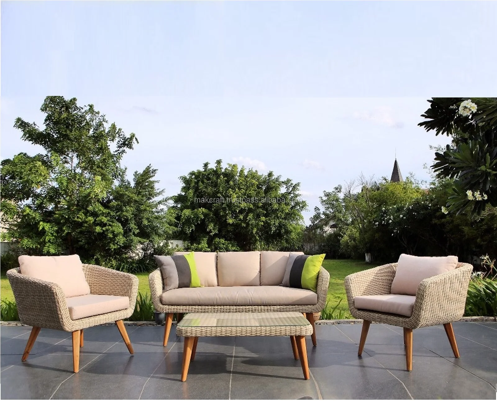 Synthetic Wicker Rattan Pvc Pe Garden Outdoor Teak Wood Sofa Set