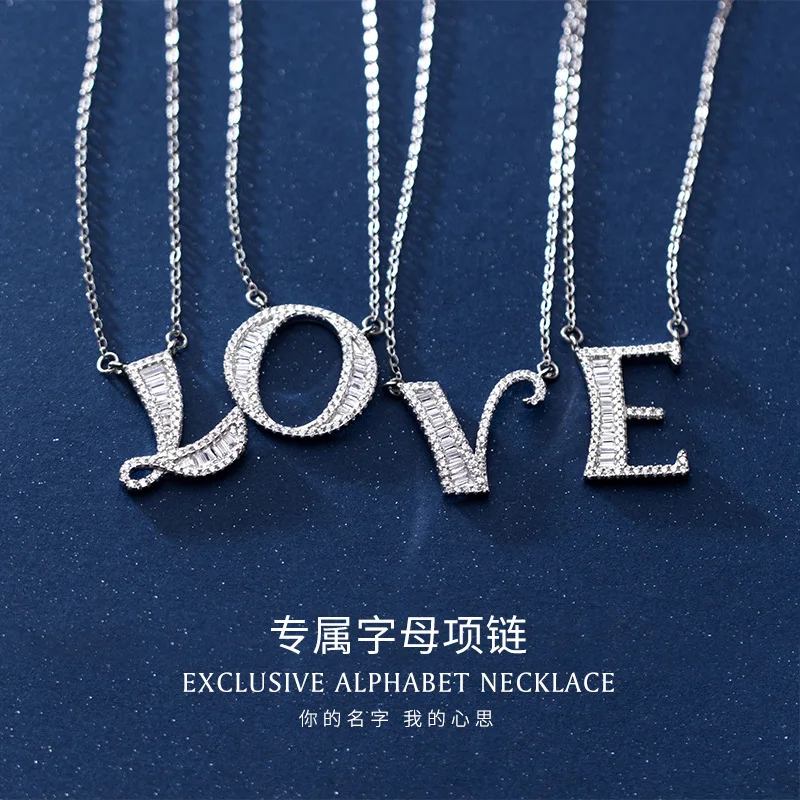 

N2132 Amazon Hot Jewelry Sterling Silver 925 Girl Korean Edition Fresh 26 Letters Girl Heart Inlaid With Diamond Simple Necklace